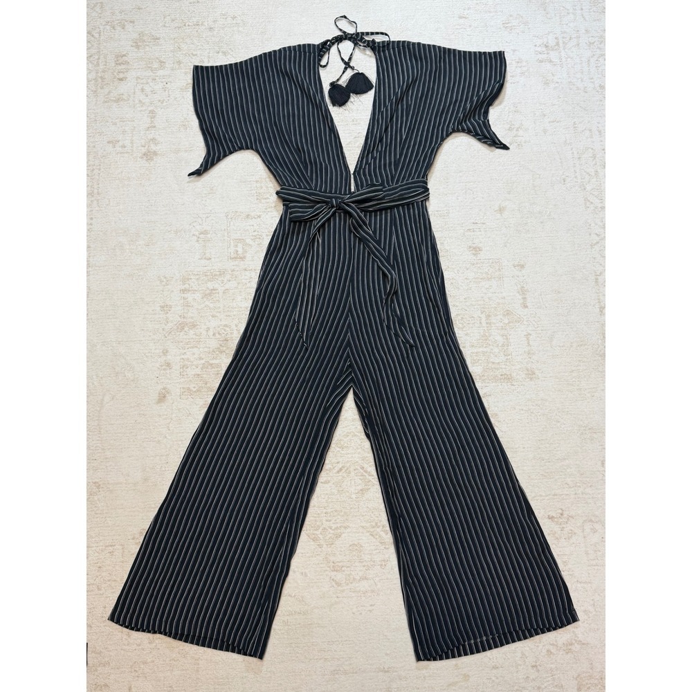 Faithfull The Brand Black White Striped Wide Leg Jumpsuit V-Neck Tassel Size XS